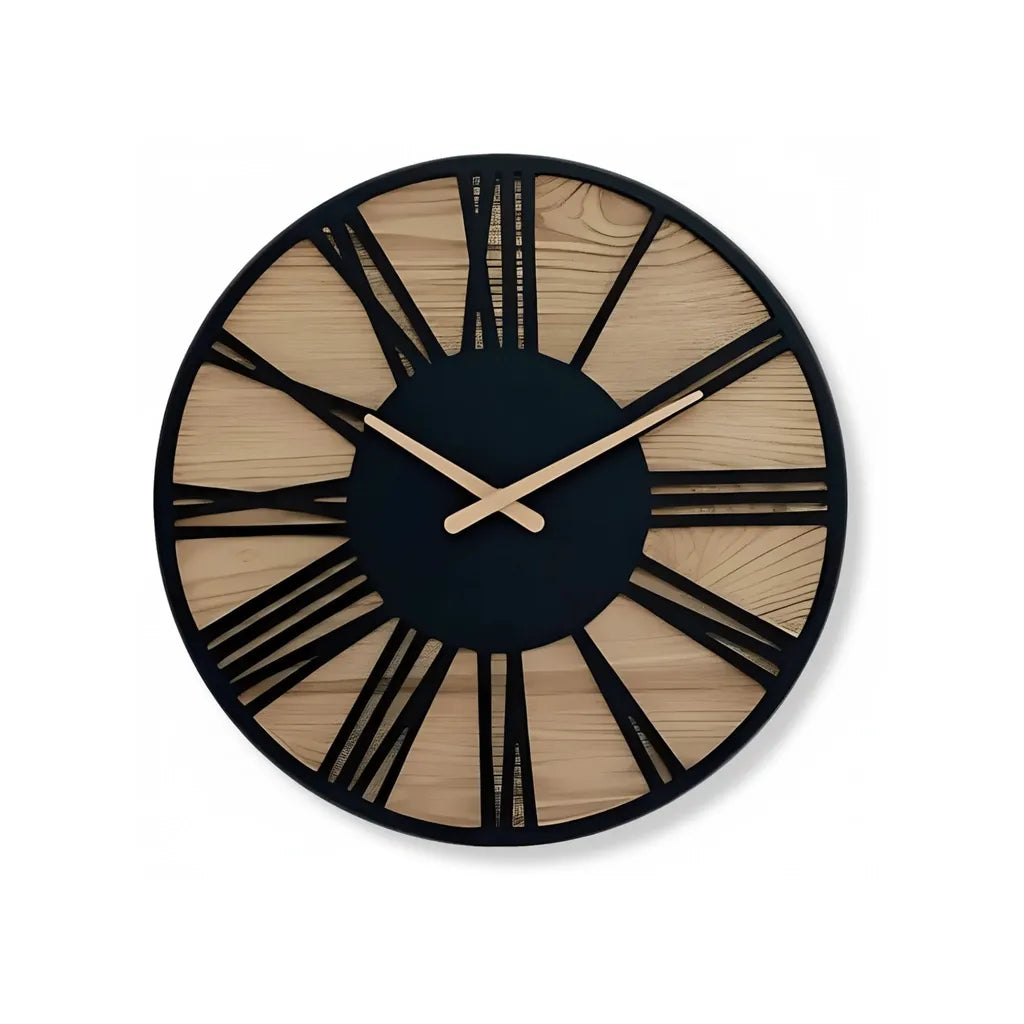 Horloge Murale Bois & Chiffres Romains Noirs