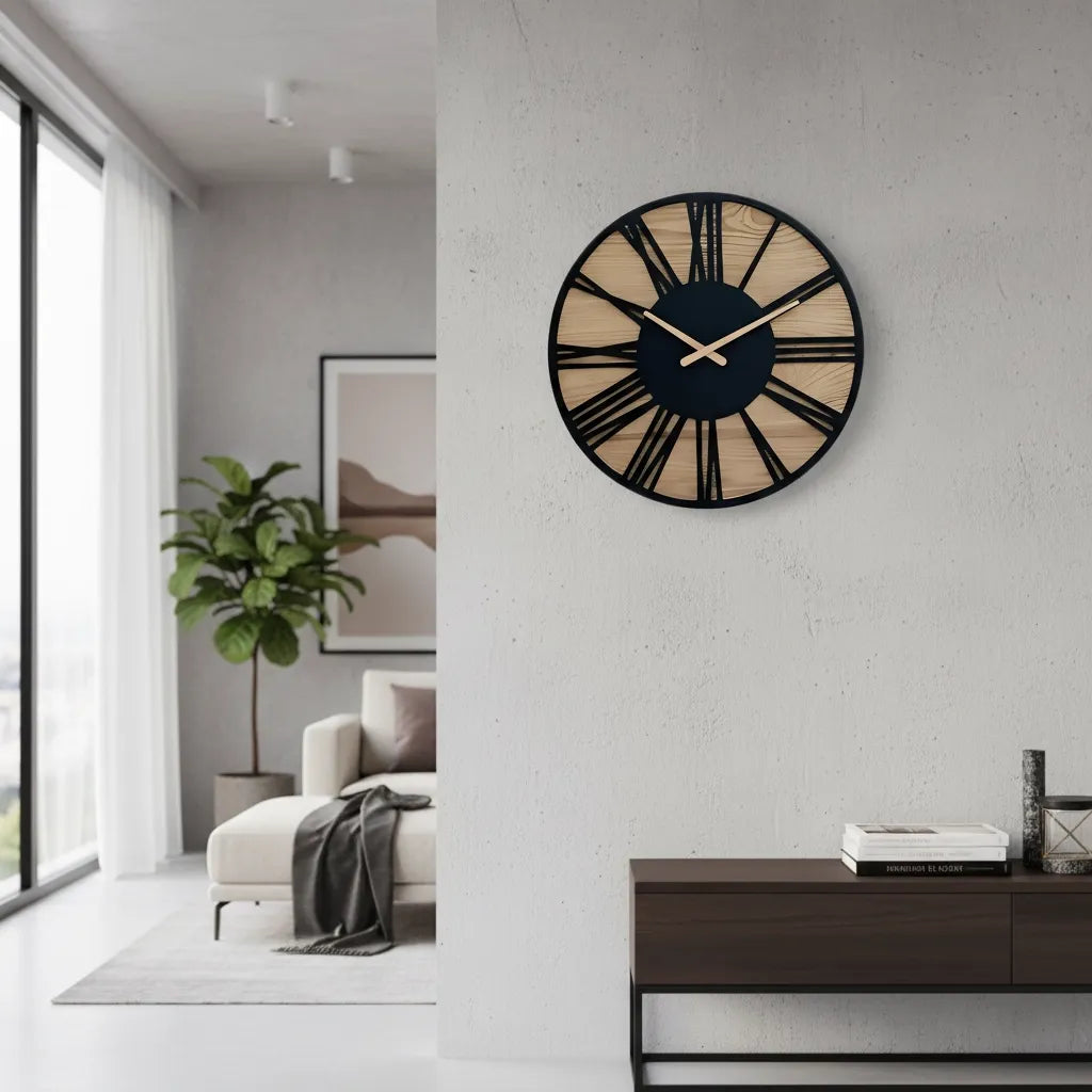 Horloge Murale Bois & Chiffres Romains Noirs