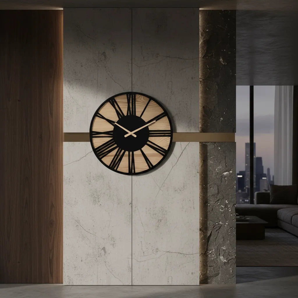 Horloge Murale Bois & Chiffres Romains Noirs