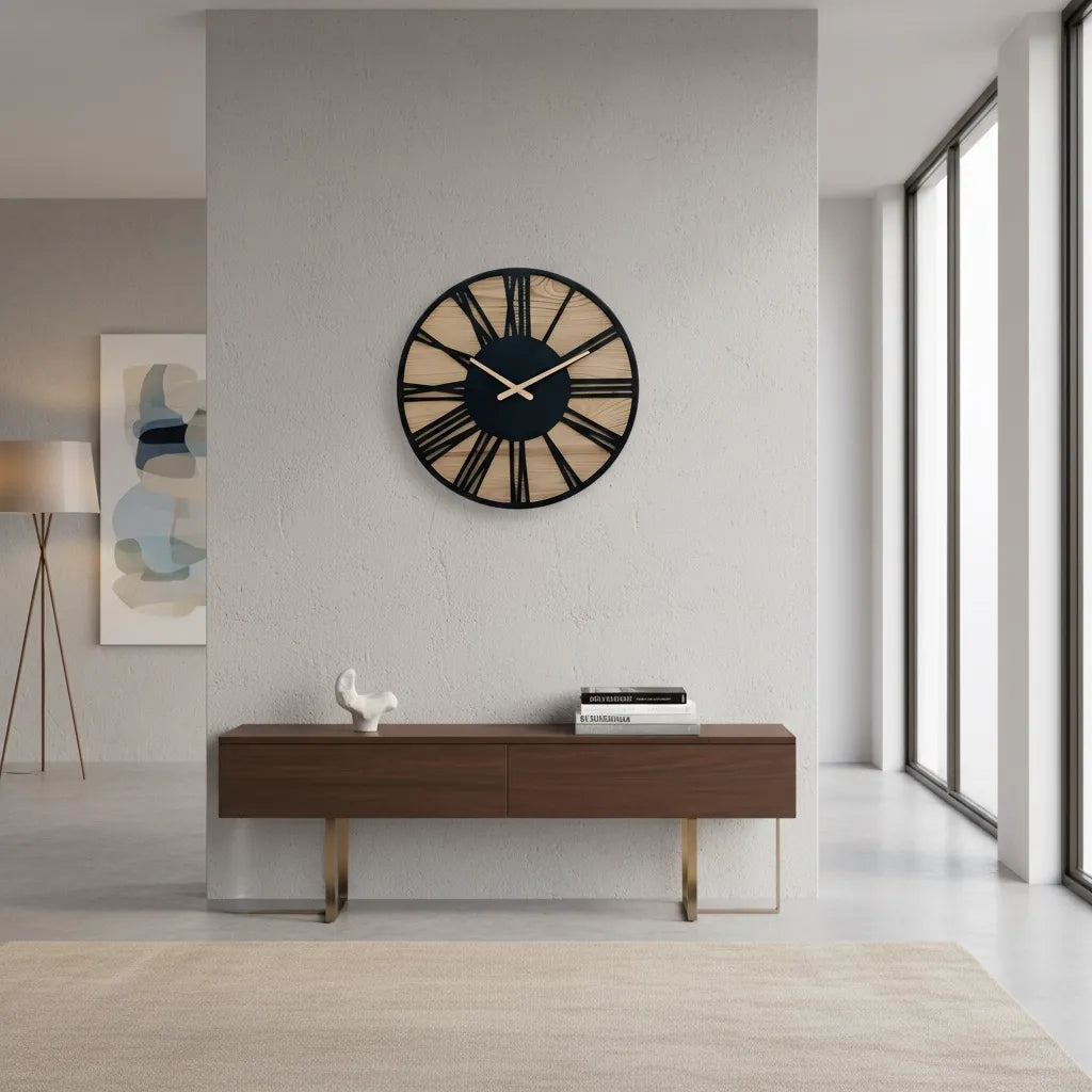 Horloge Murale Bois & Chiffres Romains Noirs