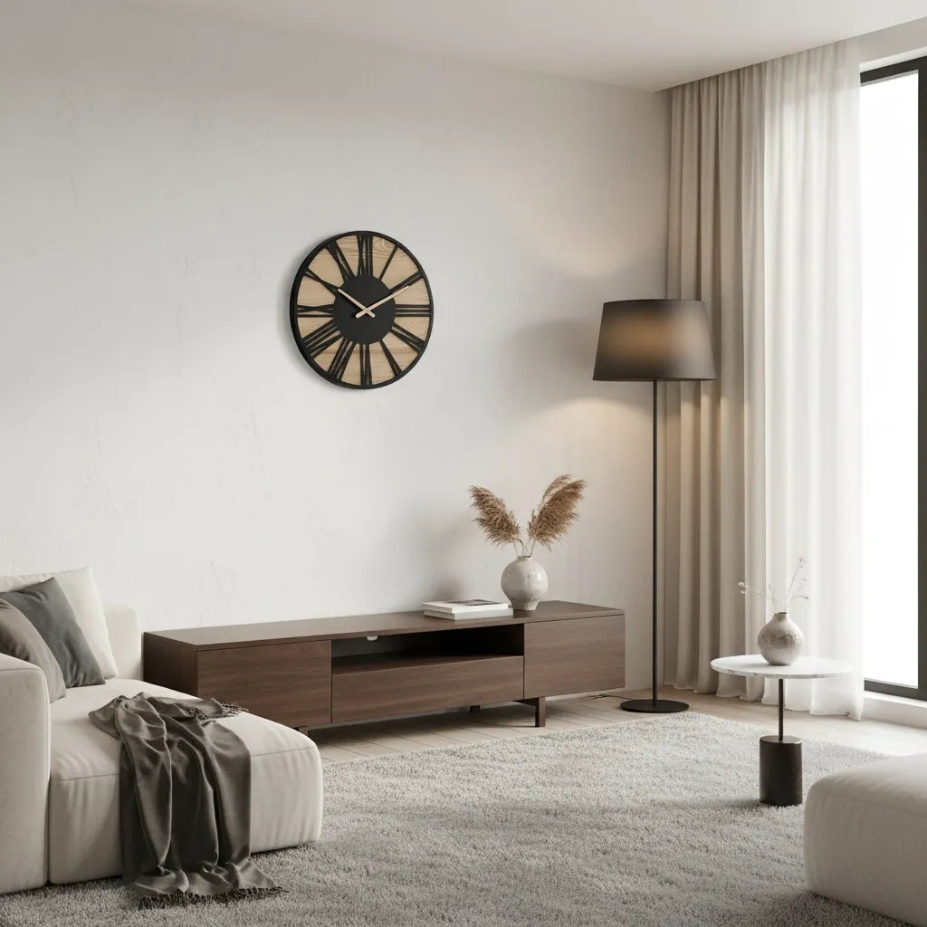Horloge Murale Bois & Chiffres Romains Noirs