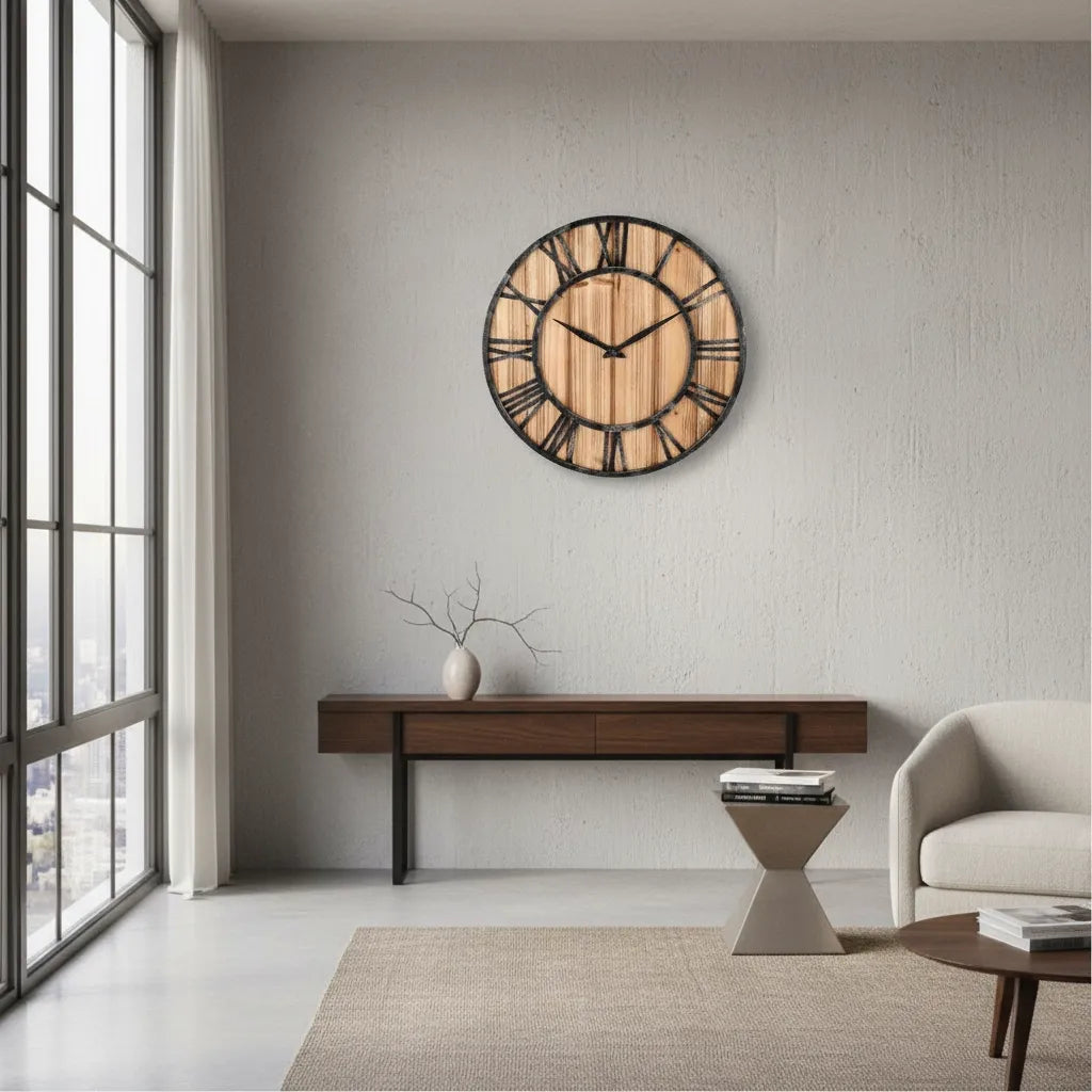 Horloge Murale Bois Métal & Chiffre romain