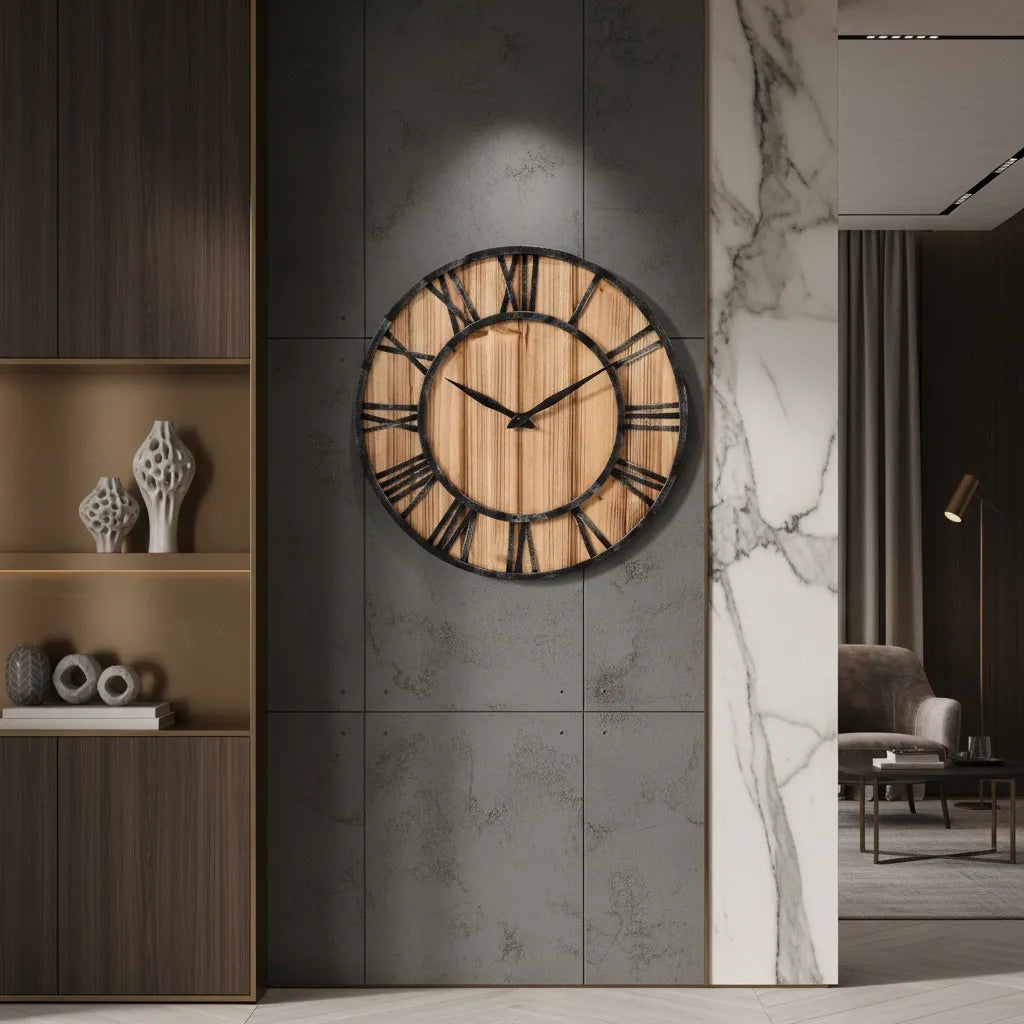 Horloge Murale Bois Métal & Chiffre romain