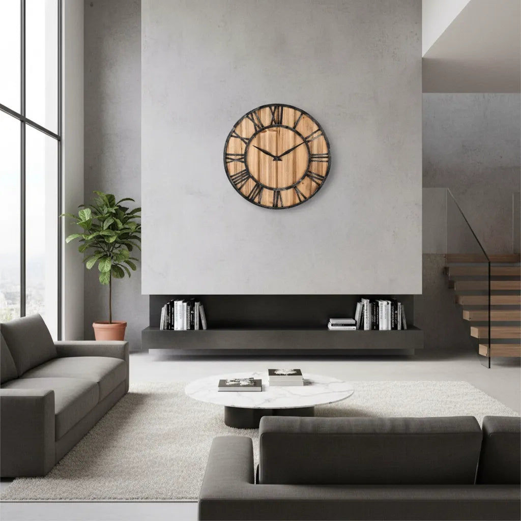 Horloge Murale Bois Métal & Chiffre romain