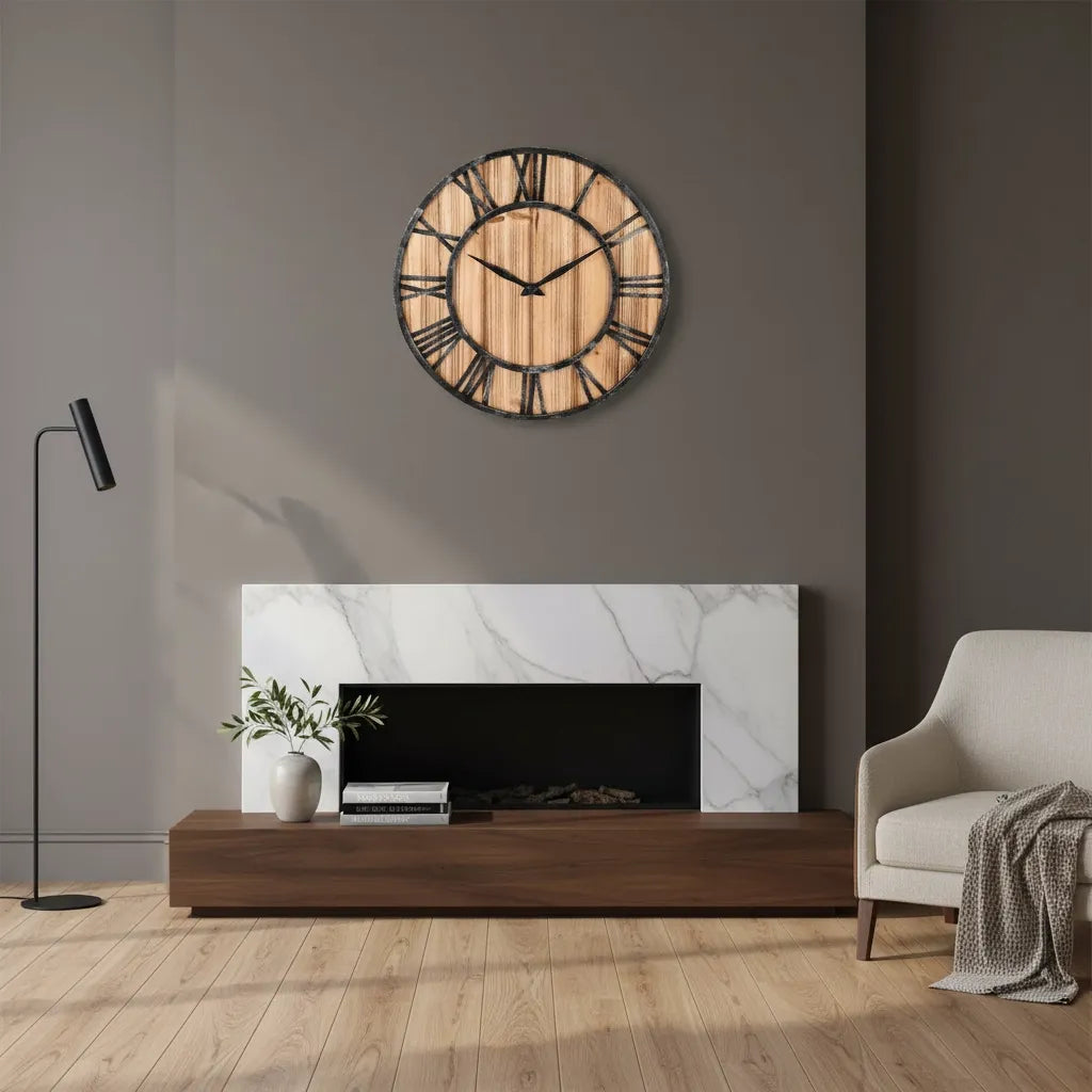 Horloge Murale Bois Métal & Chiffre romain