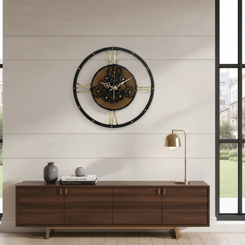 Horloge Murale Engrenages Vintage Métal & Bois