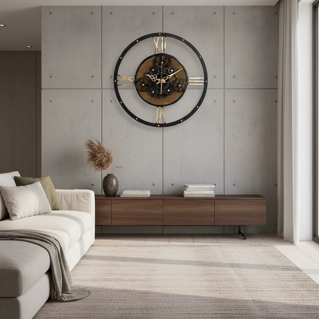Horloge Murale Engrenages Vintage Métal & Bois