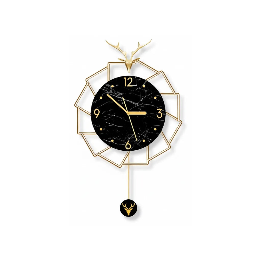 Horloge Murale Luxe Cerf Doré et Marbre Noir