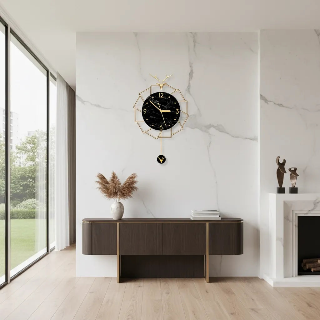 Horloge Murale Luxe Cerf Doré et Marbre Noir