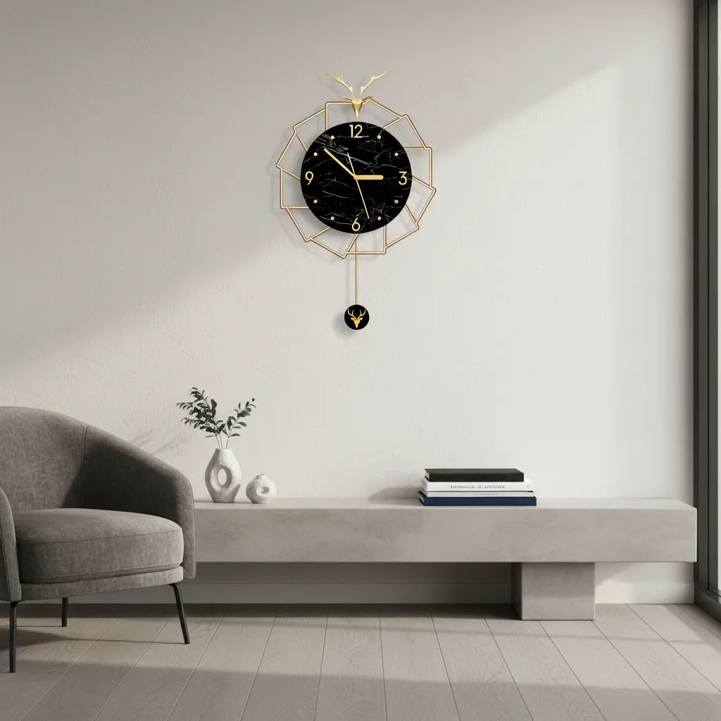 Horloge Murale Luxe Cerf Doré et Marbre Noir