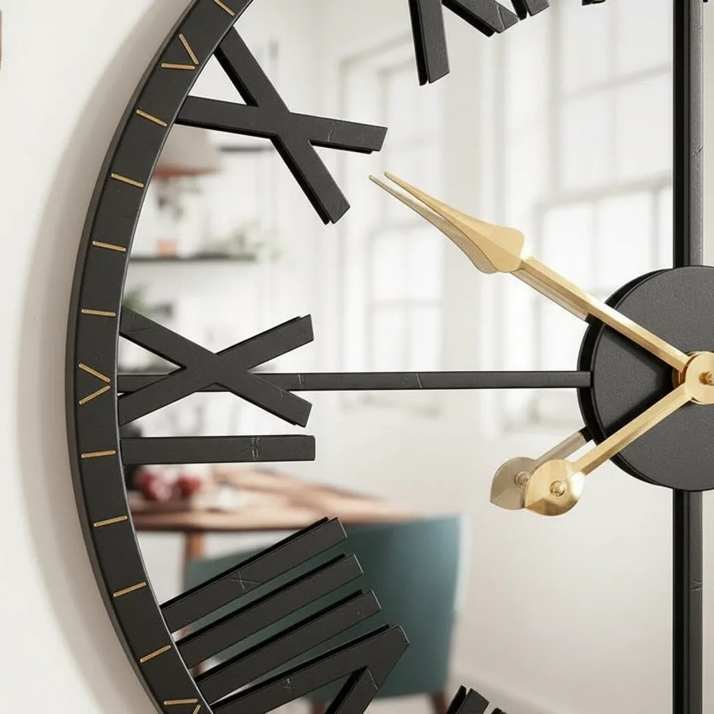 Horloge Murale Miroir Noir et Or