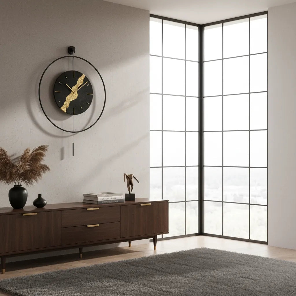 Horloge Murale Pendule Noire & Or Kintsugi