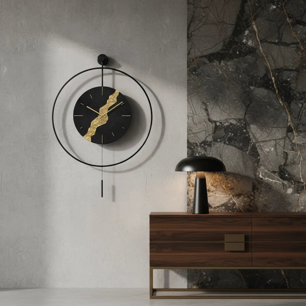 Horloge Murale Pendule Noire & Or Kintsugi