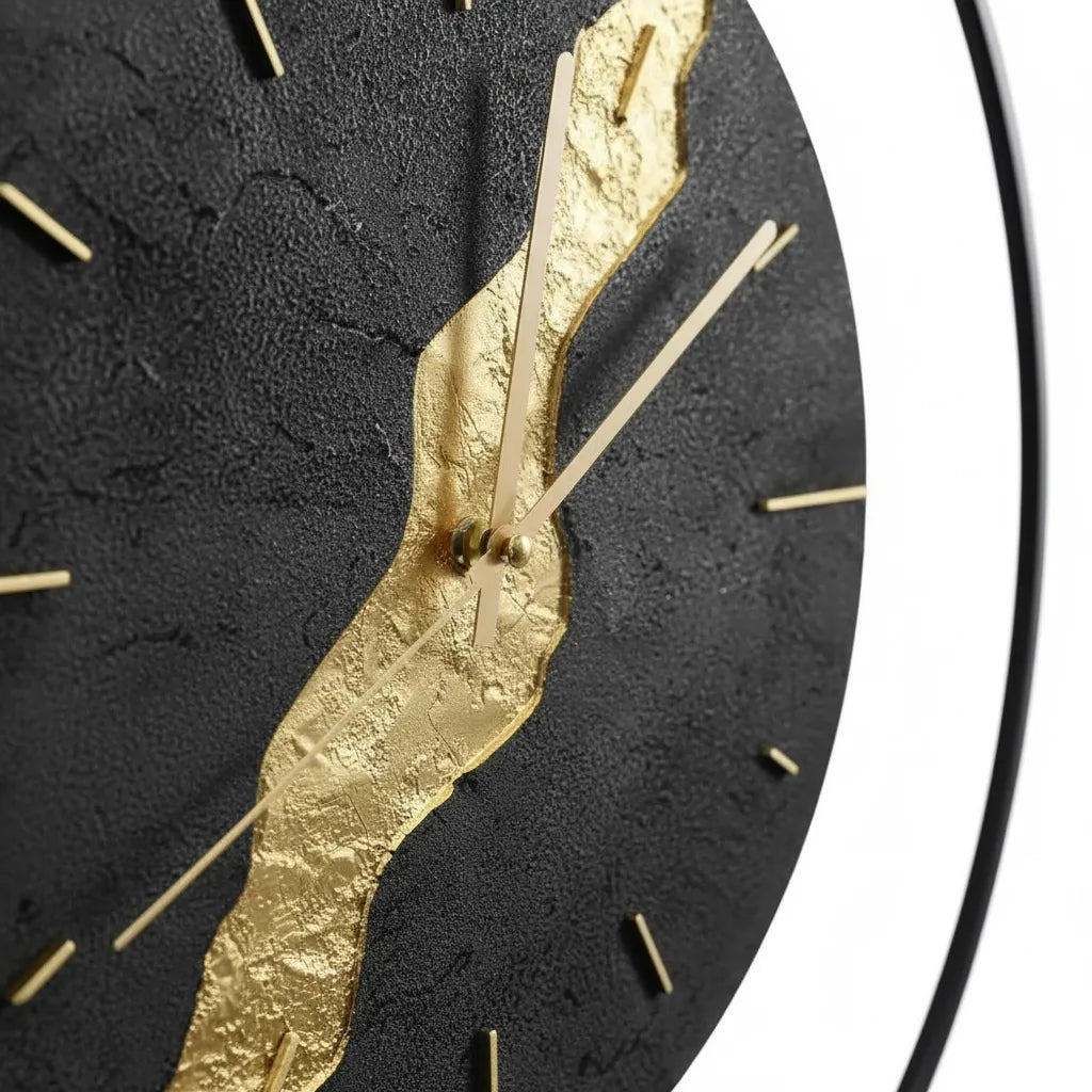 Horloge Murale Pendule Noire & Or Kintsugi