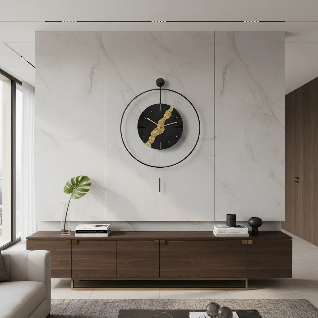 Horloge Murale Pendule Noire & Or Kintsugi