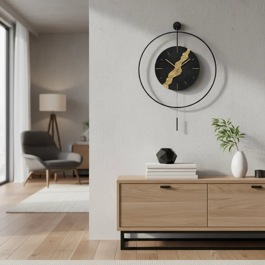 Horloge Murale Pendule Noire & Or Kintsugi
