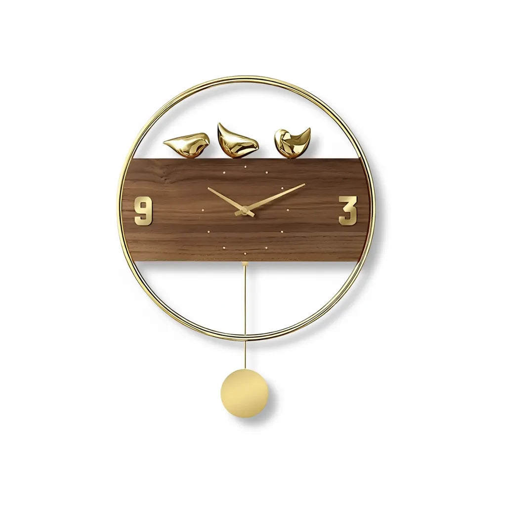 Pendule Murale Design Oiseaux Dorés