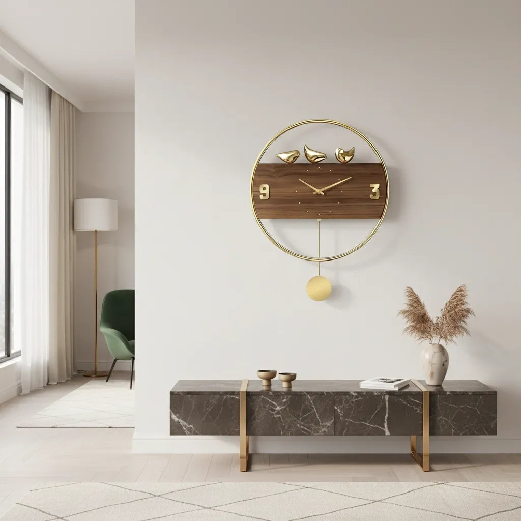 Pendule Murale Design Oiseaux Dorés