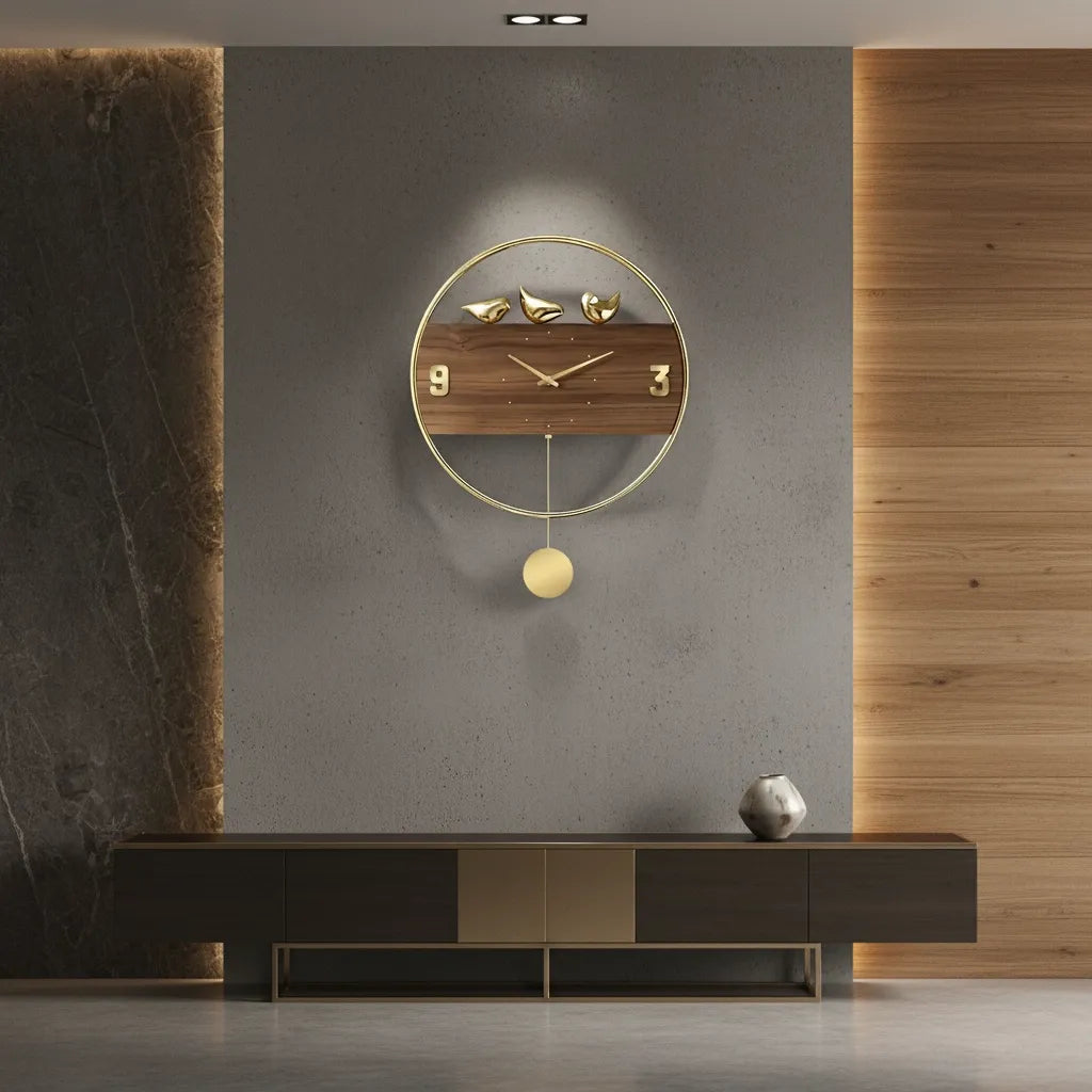 Pendule Murale Design Oiseaux Dorés